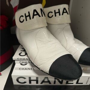 Chanel Black and White Patent Leather Ankle Boots